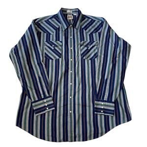 Ely Cattleman Men XXLT Western Shirt Blue Green Striped Pearl Snap Long Sleeve